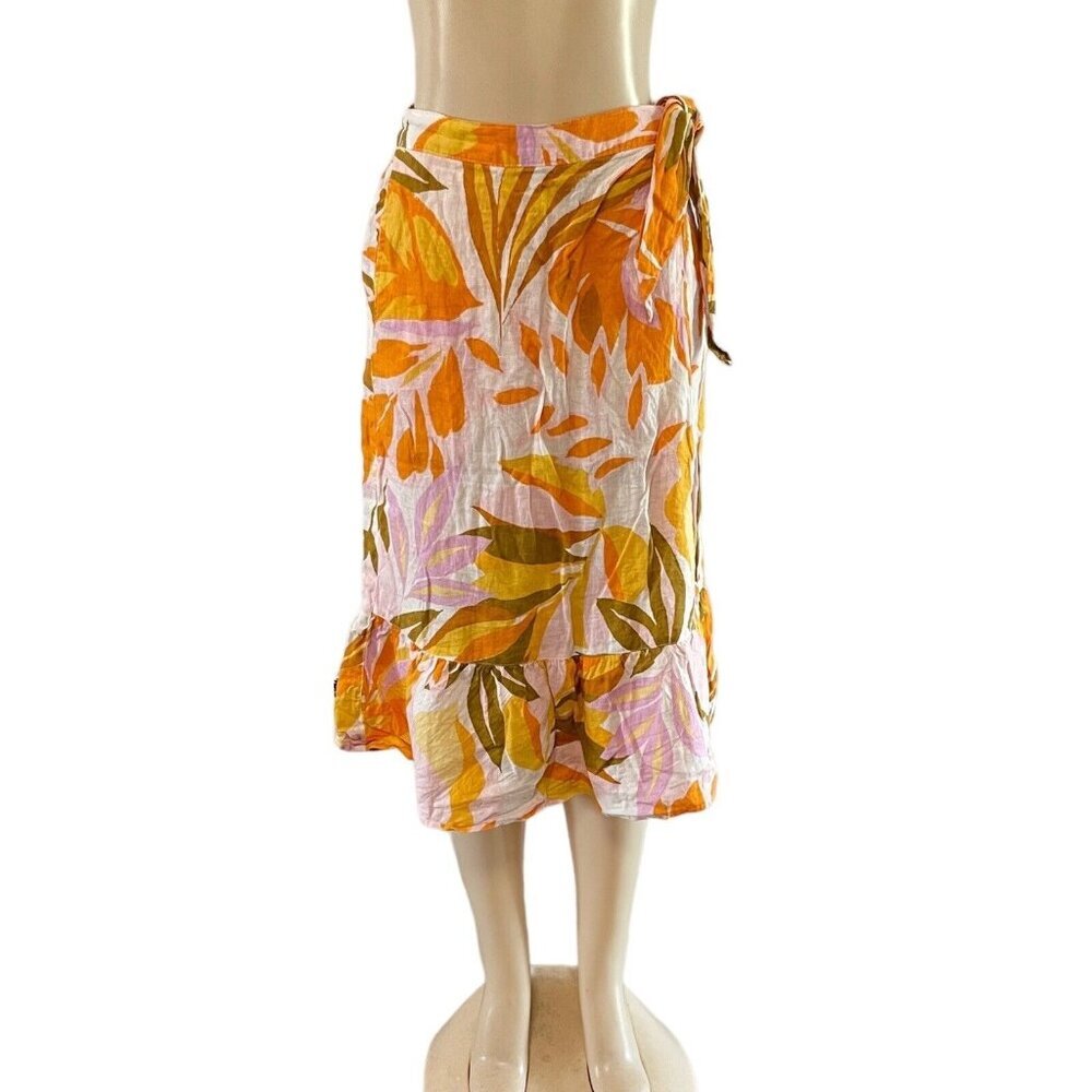 C&C California Boho Orange Floral Linen Wrap Skirt Tie Waist Pockets Ruffles